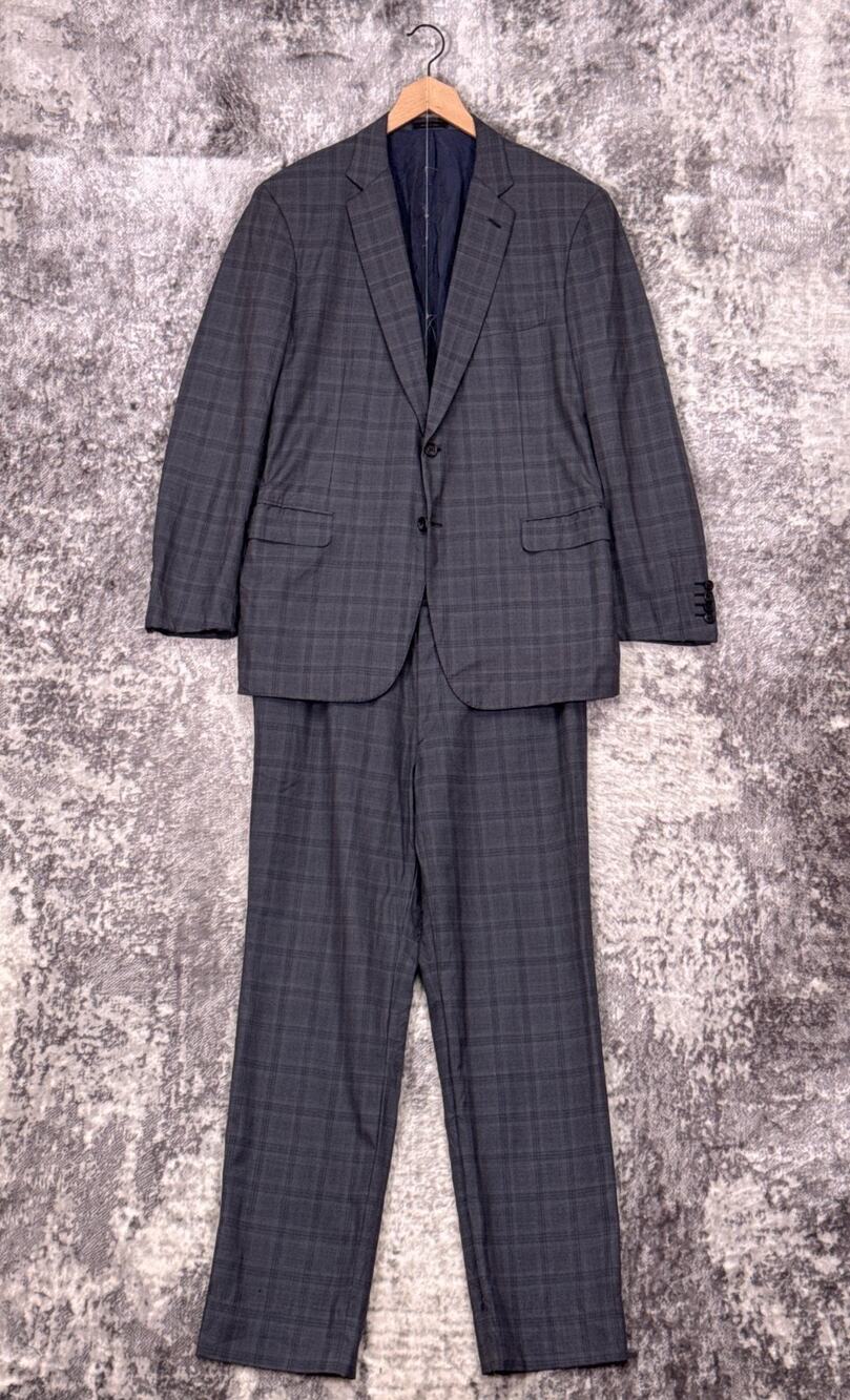 Brioni Suit 44 L Long Mens Gray Wool Check Plaid 2 Piece